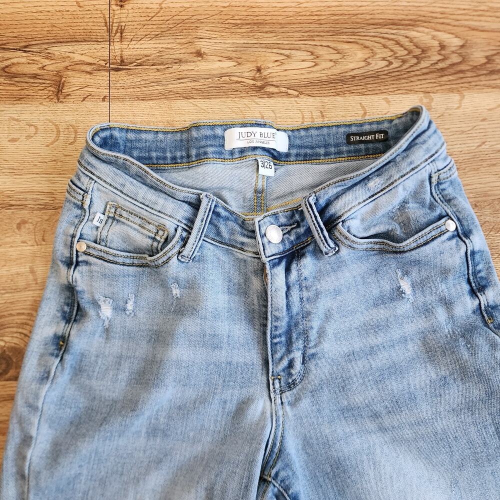 Judy Blue Straight Fit Jeans Women’s 3/26 High Rise Denim Raw Hem Distress - Picture 7 of 15